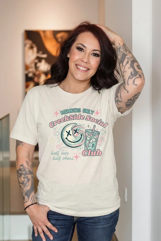 Creekside Social Club T-Shirt — Cute Pastel Smiley & Iced Drink Graphic